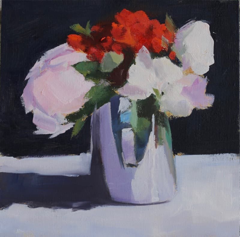 bouquet, flowers, plein-air, in situ, silver, container, still life, dark background