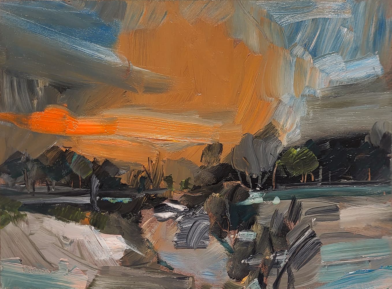 oil, landscape, stark, abstraction, Ontario, United Kingdom, bold, blue & purple skies, orange