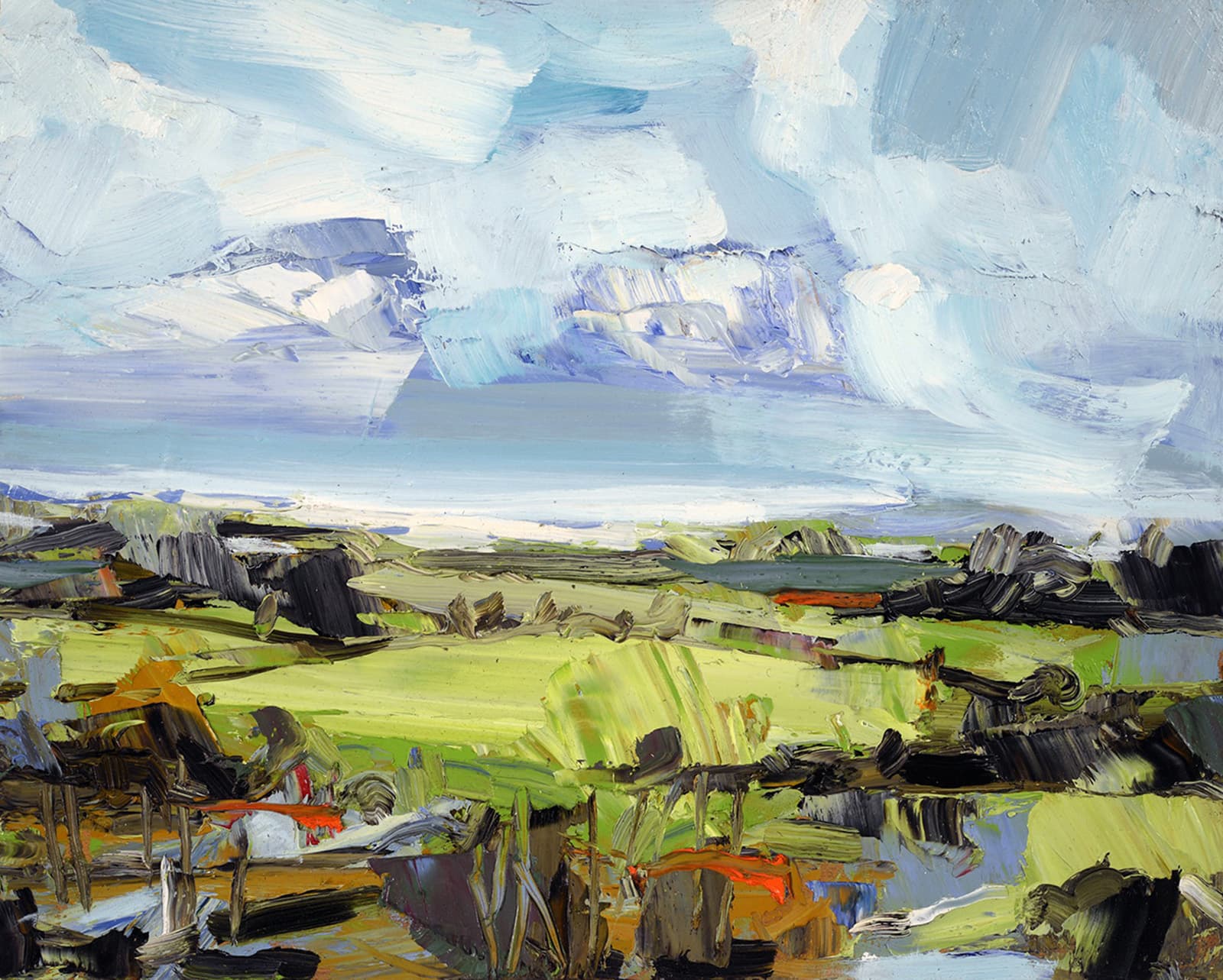 oil, landscape, stark, abstraction, Ontario, United Kingdom, bold, blue & purple skies, green