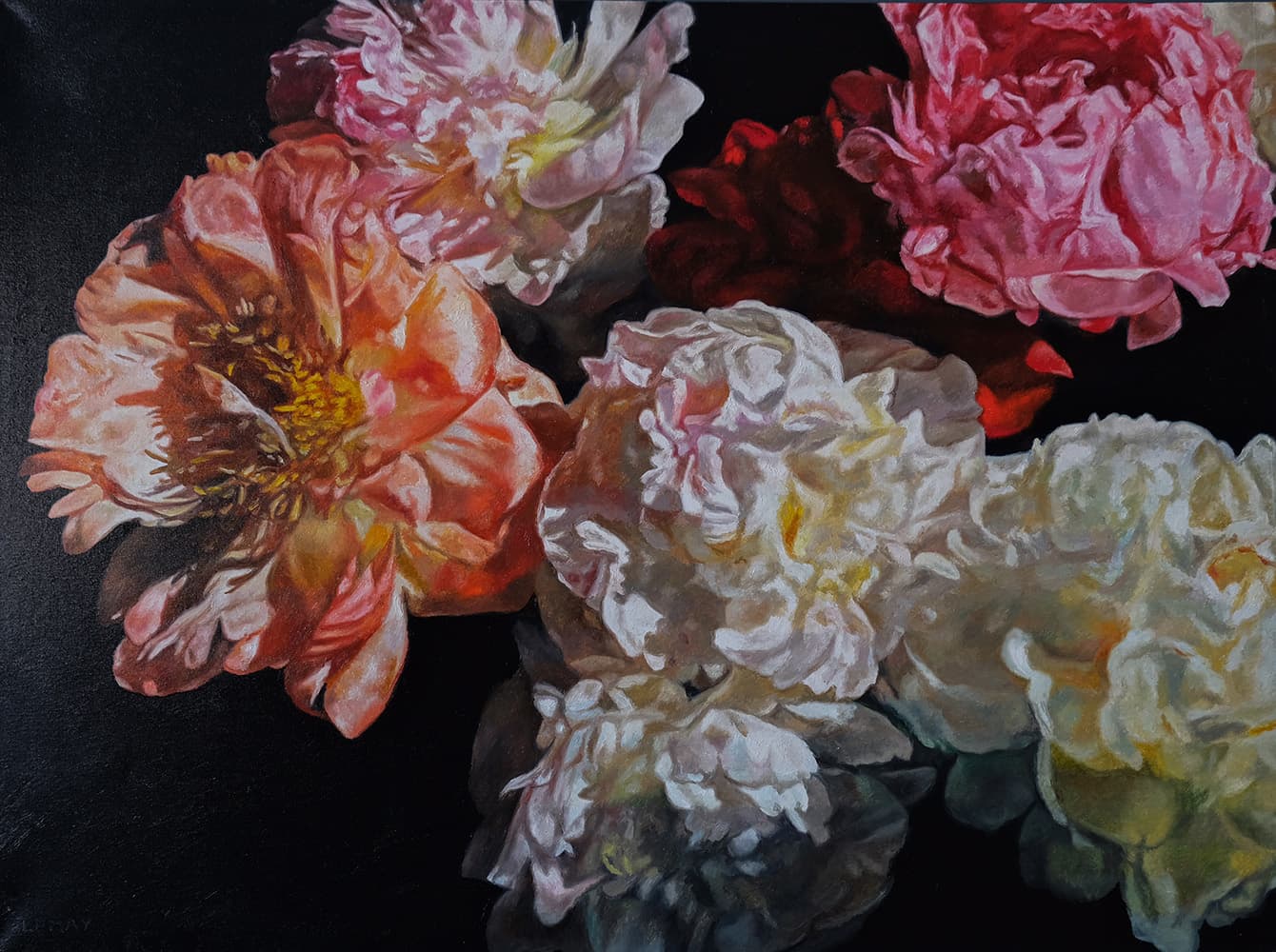 flowers, peonies, Rembrandt, oil paintings, Roses, realism
