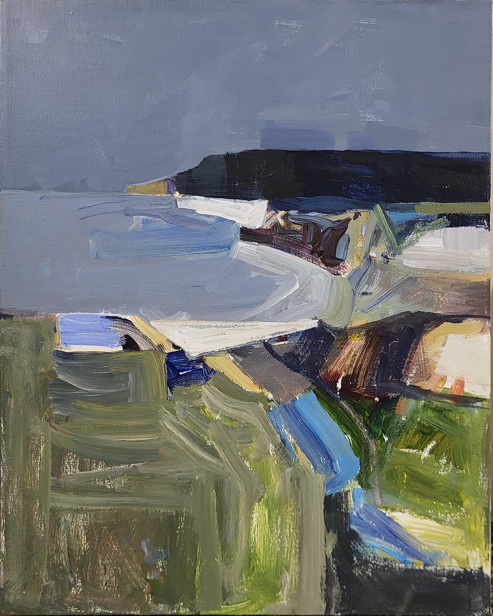 Vancouver, BC, Diebenkorn, oil, painterly, sand, beach, ocean, tidal, street lamp