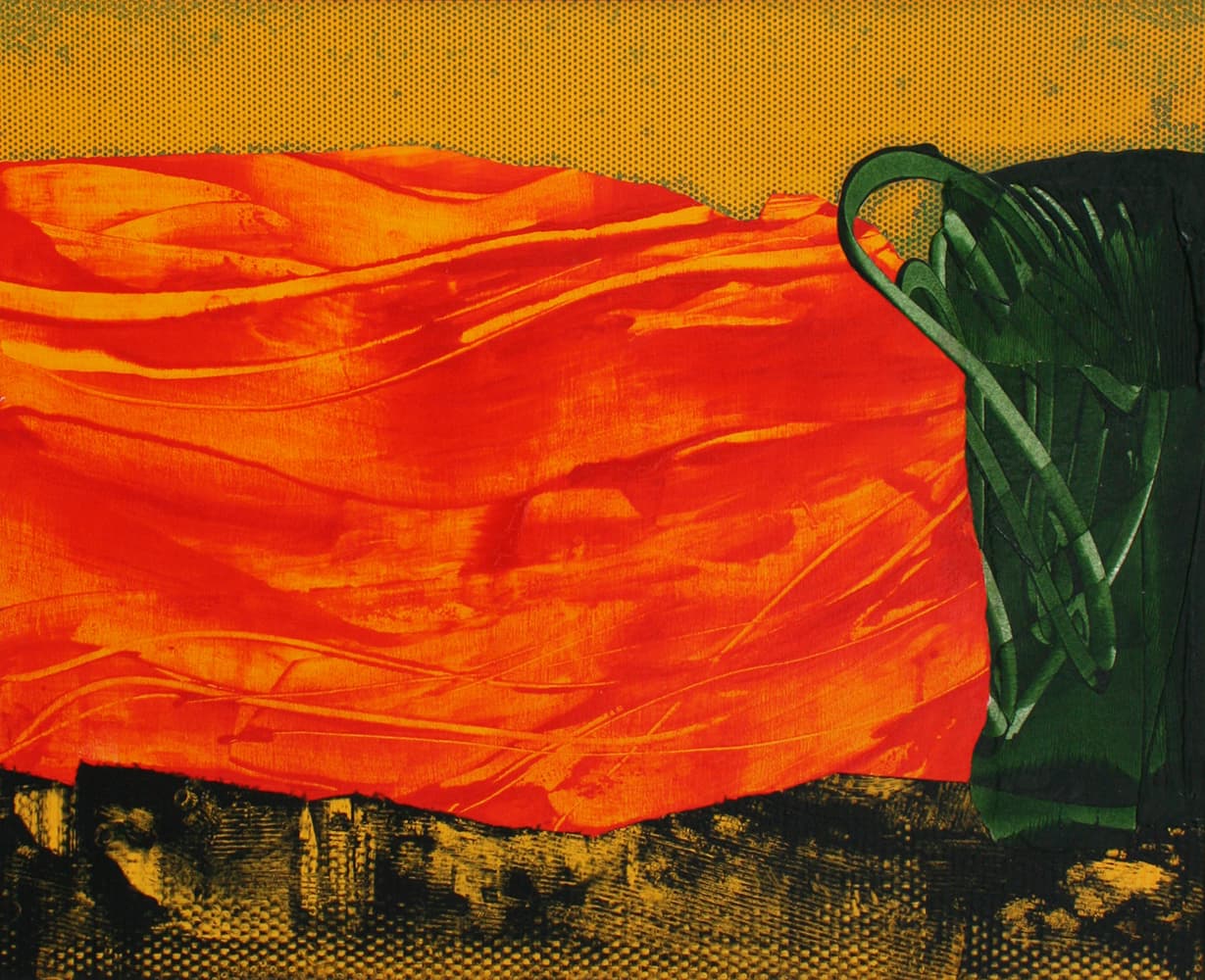 abstraction, layers, red, forms, dark, Riopelle, collage, movement, expressive, translucent, Canadian