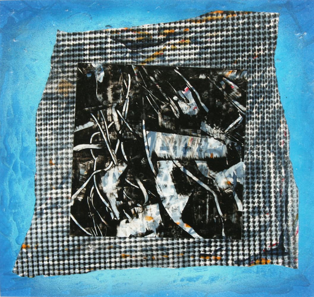 abstraction, layers, black and white, forms, dark, Riopelle, collage, movement, blue, printing, translucent, Canadian