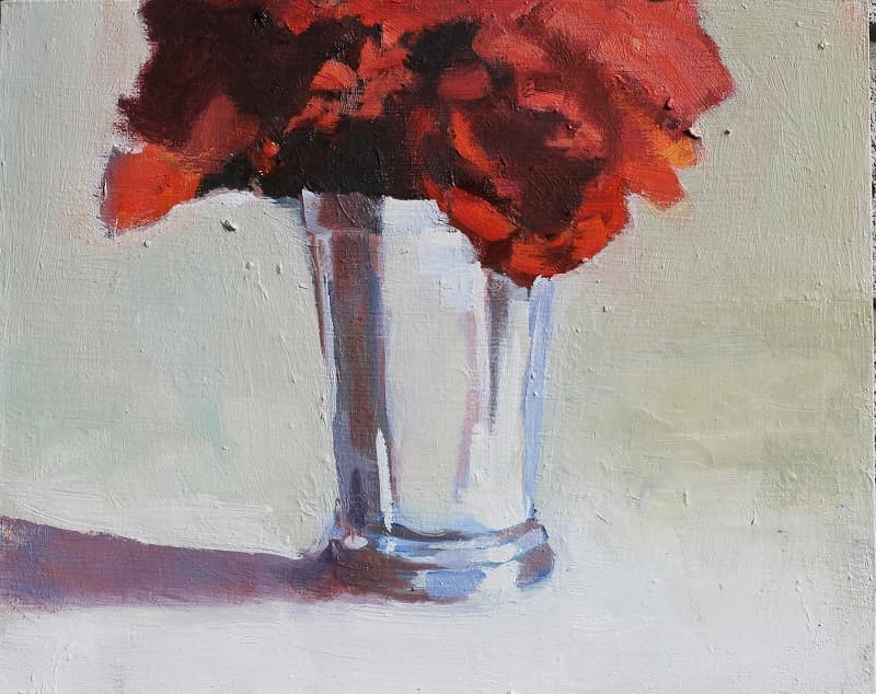 bouquet, flowers, plein-air, in situ, silver, container, still life, red flowers, still life, crop