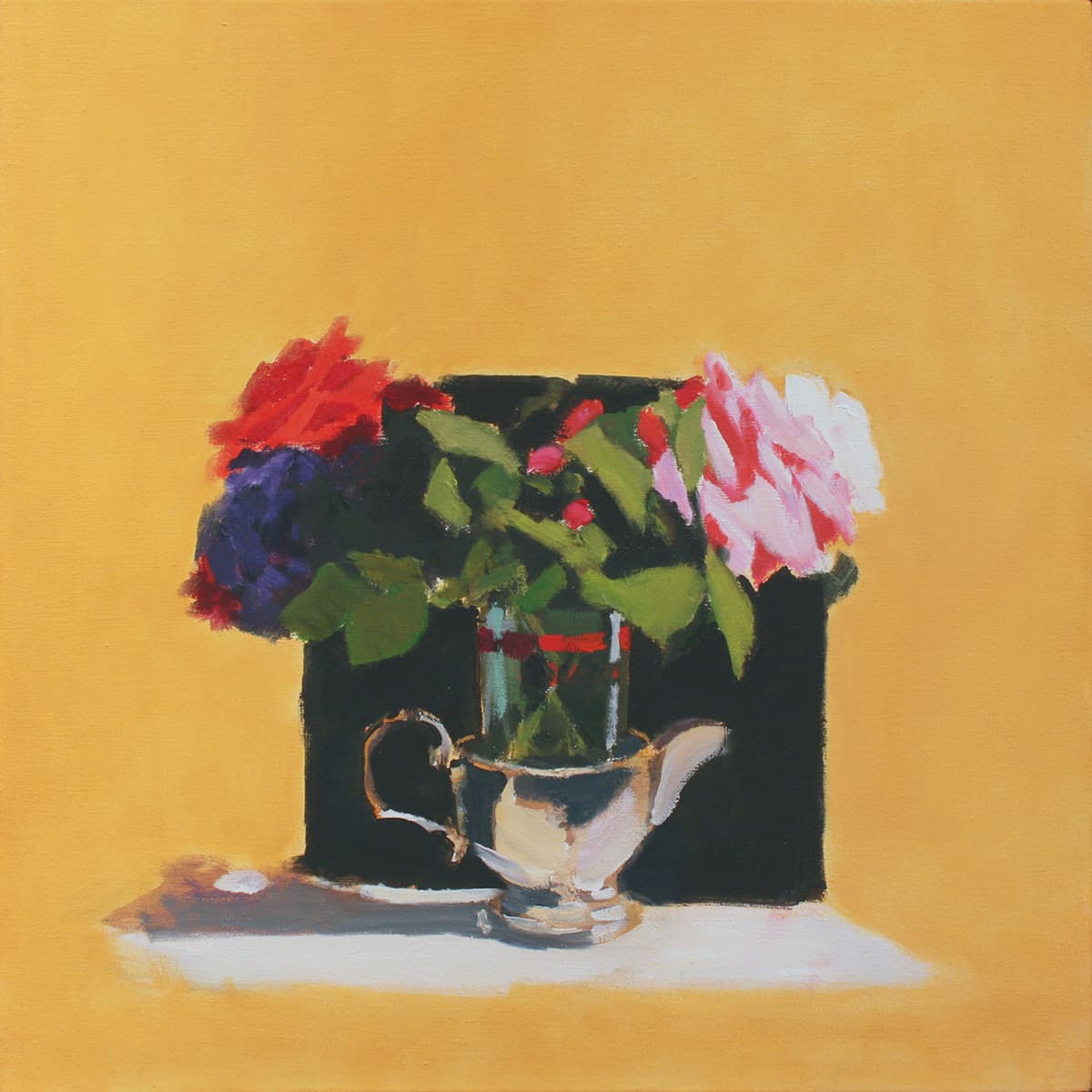 bouquet, flowers, plein-air, in situ, silver, container, still life, sunflowers, small, cluster four