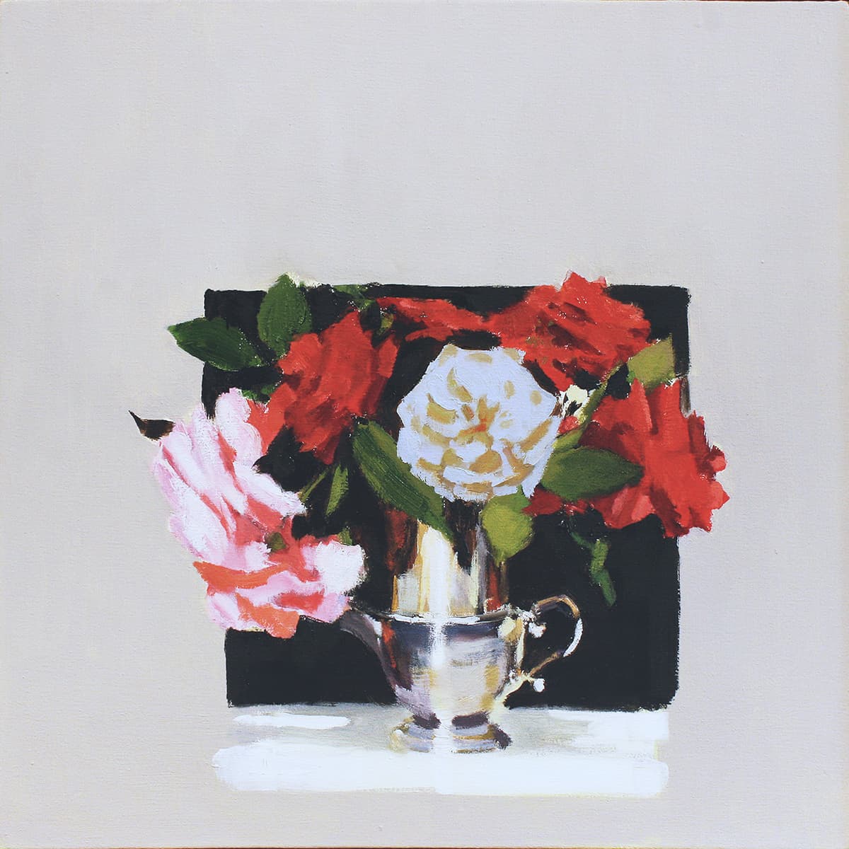 bouquet, flowers, plein-air, in situ, silver, container, still life, sunflowers, small, cluster four