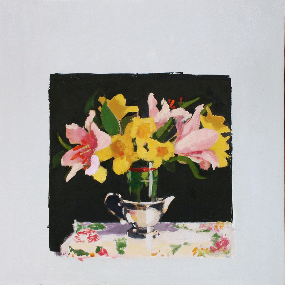 bouquet, flowers, plein-air, in situ, silver, container, still life, sunflowers, small, cluster four