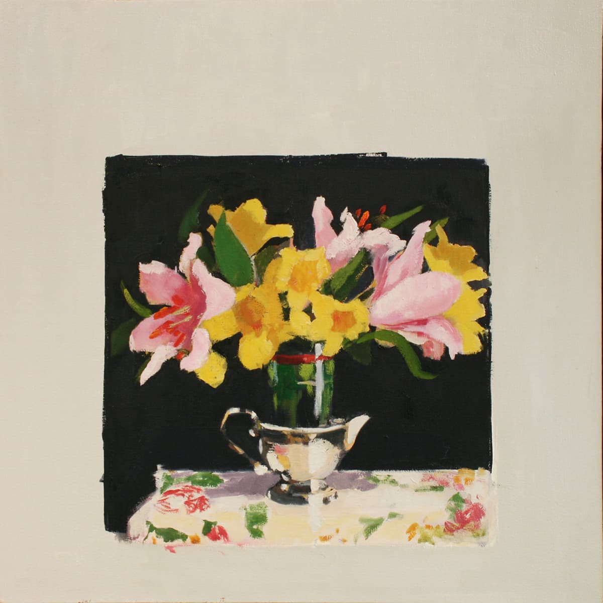 bouquet, flowers, plein-air, in situ, silver, container, still life, sunflowers, small, cluster four