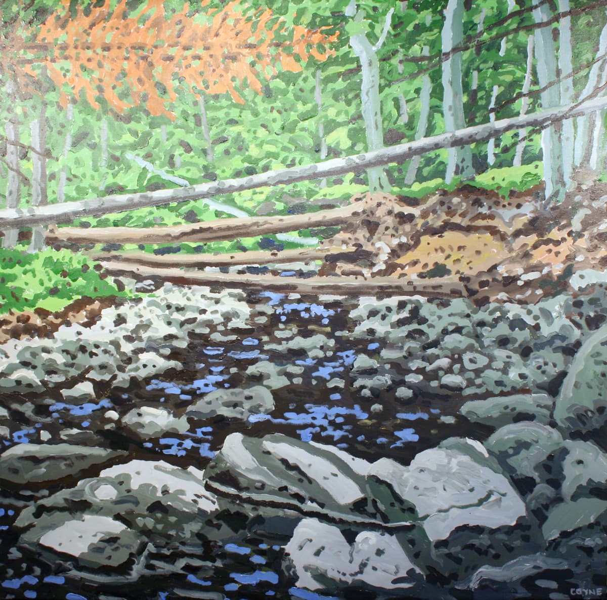 forest, moss, impressionism, print, green, stream, shore, treed forest