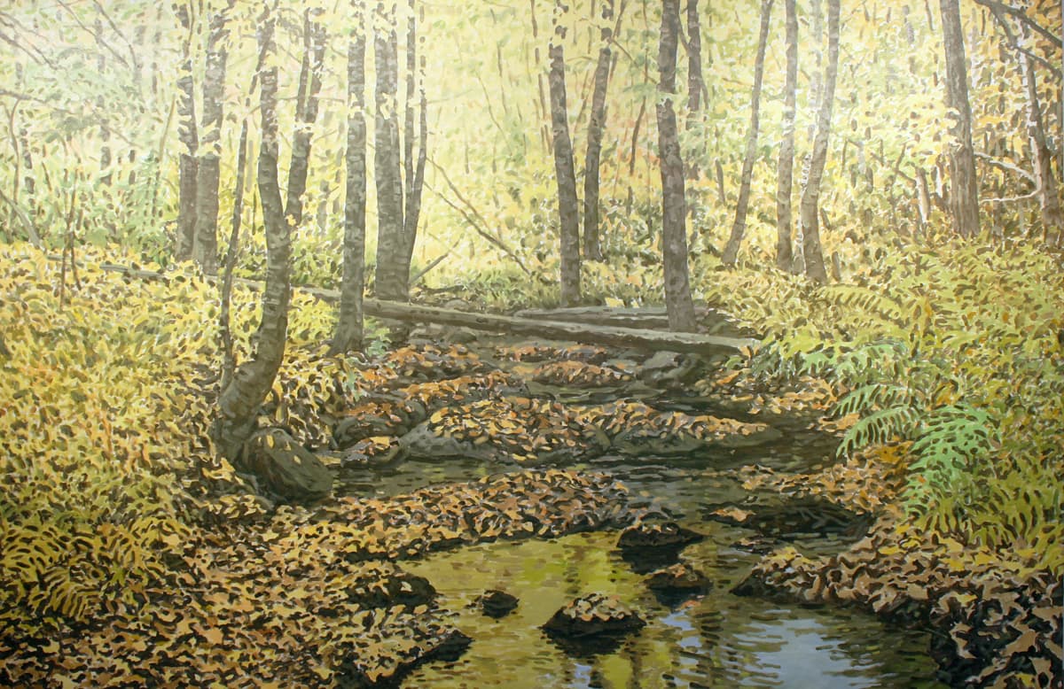 forest, moss, impressionism, print, green, yellow light, ambient