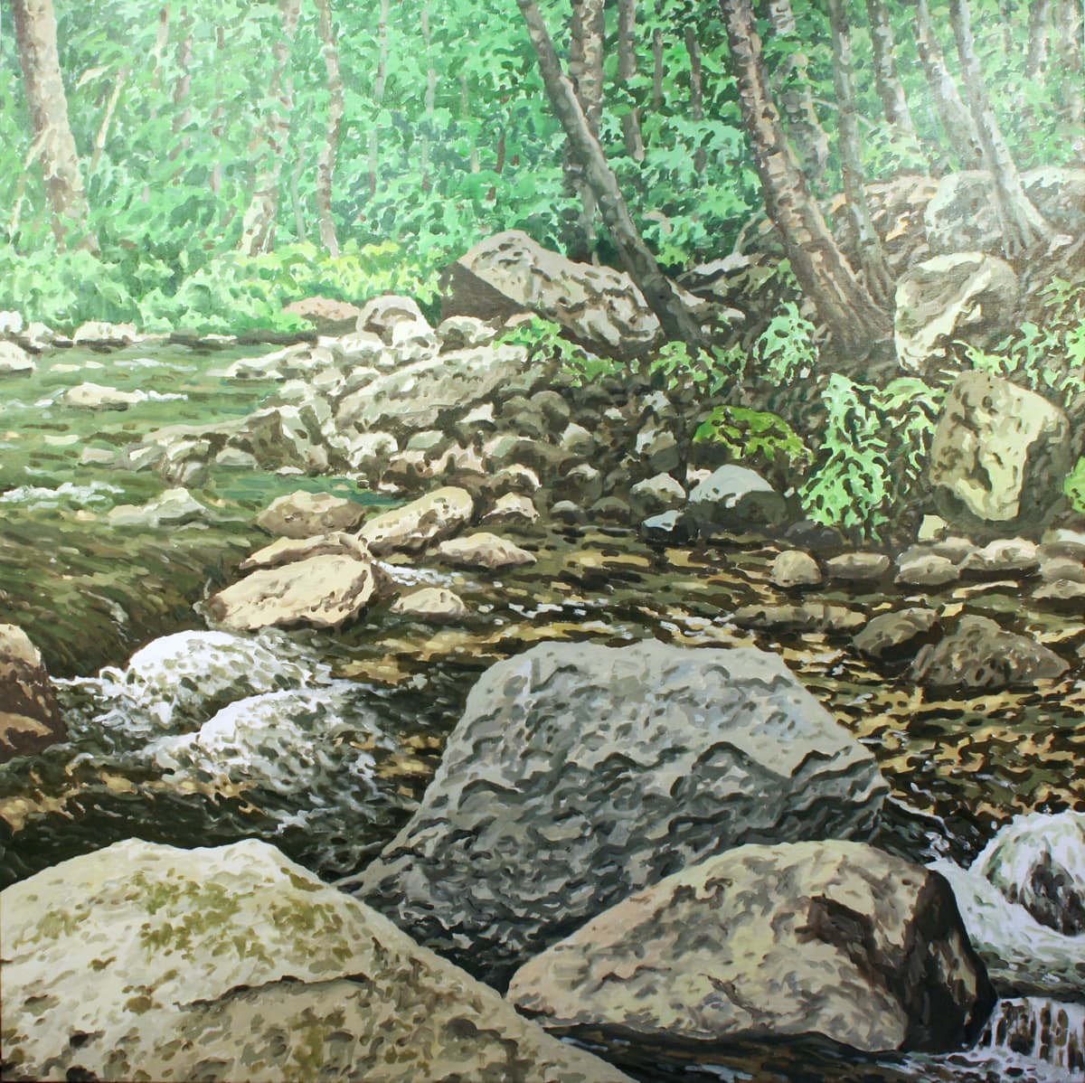 forest, moss, impressionism, print, green, rocks, mold, ferns, creek