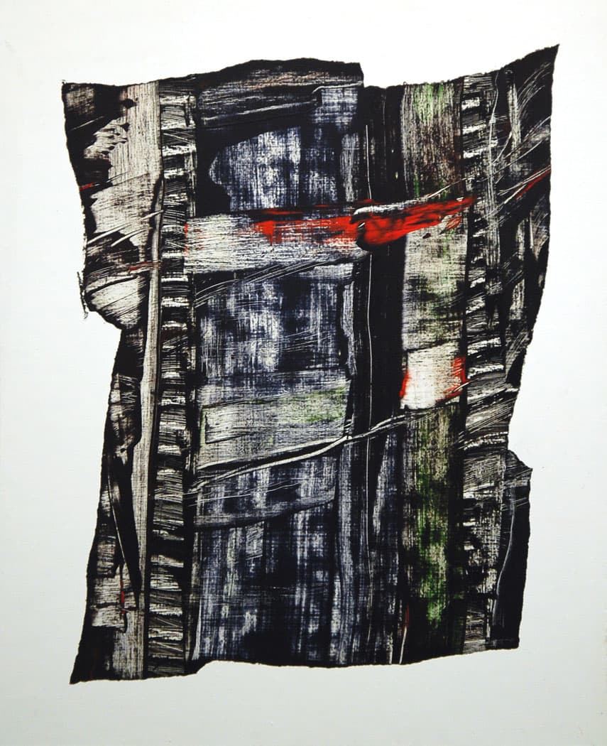 abstraction, layers, black and white, forms, dark, Riopelle, collage, movement, Mylar, translucent, Canadian, red touches, floating