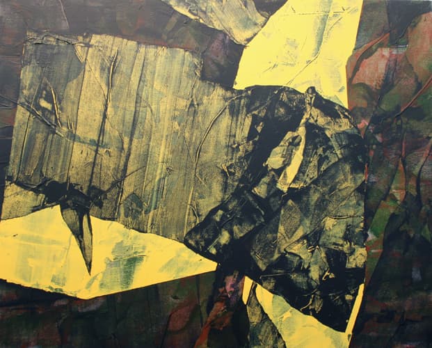 abstraction, layers, black and white, forms, dark, Riopelle, collage, movement, Mylar, translucent, Canadian, yellow, layered