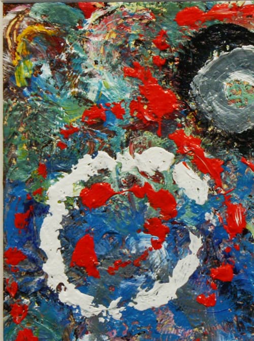 3-D, Mondrian, collage, red, orange, building blocks, sticks, mini, white circle, abstract