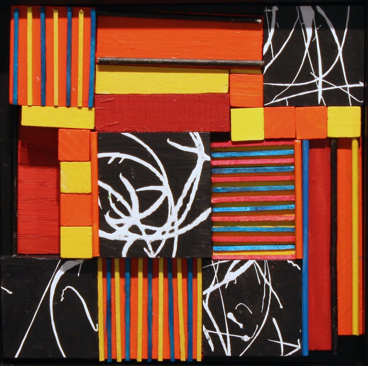 3-D, Mondrian, collage, red, orange, building blocks, sticks, mini, swirl
