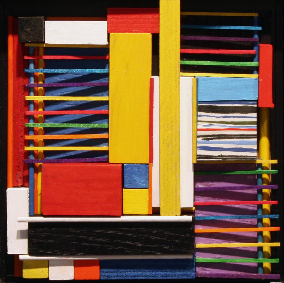 3-D, Mondrian, collage, red, orange, building blocks, sticks, mini