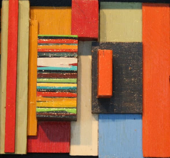miniature, mixed media, 3-d, Mondrian, collage, red, orange, building blocks