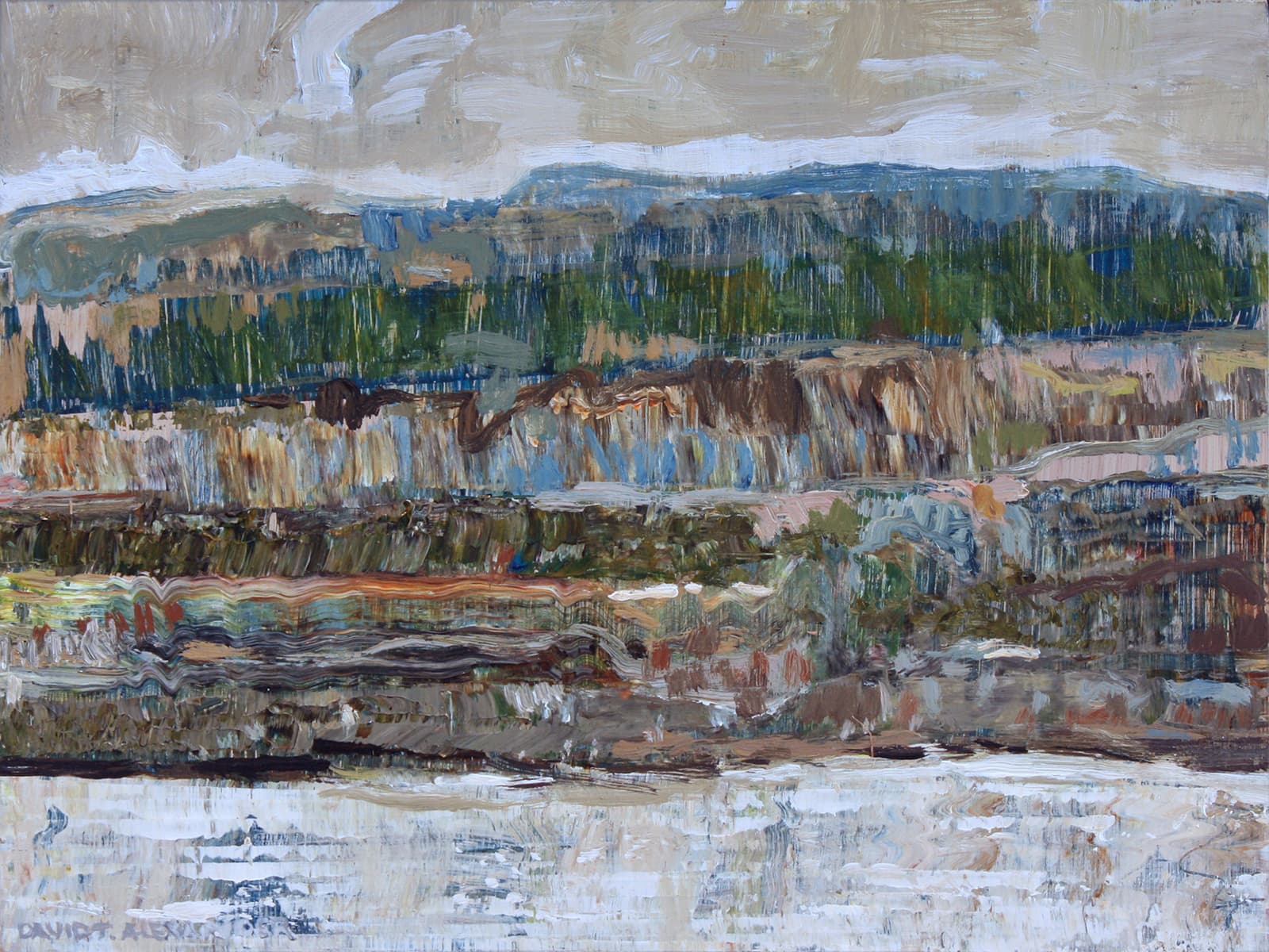 British Columbia, Saskatchewan, mountains, yellow, strata, green, impressionism, moody, clear cut, logs, shoreline