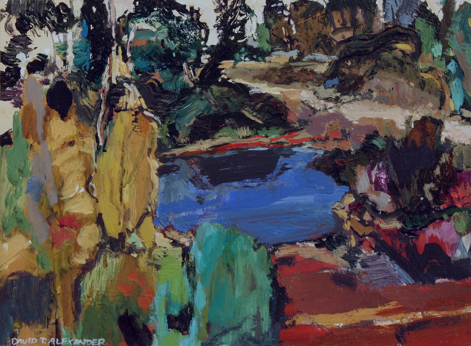 British Columbia, Saskatchewan, mountains, yellow, strata, green, impressionism, moody, blue waters, pond