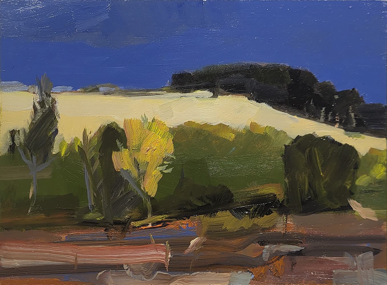oil, landscape, stark, abstraction, Ontario, United Kingdom, bold, blue & purple skies, orange