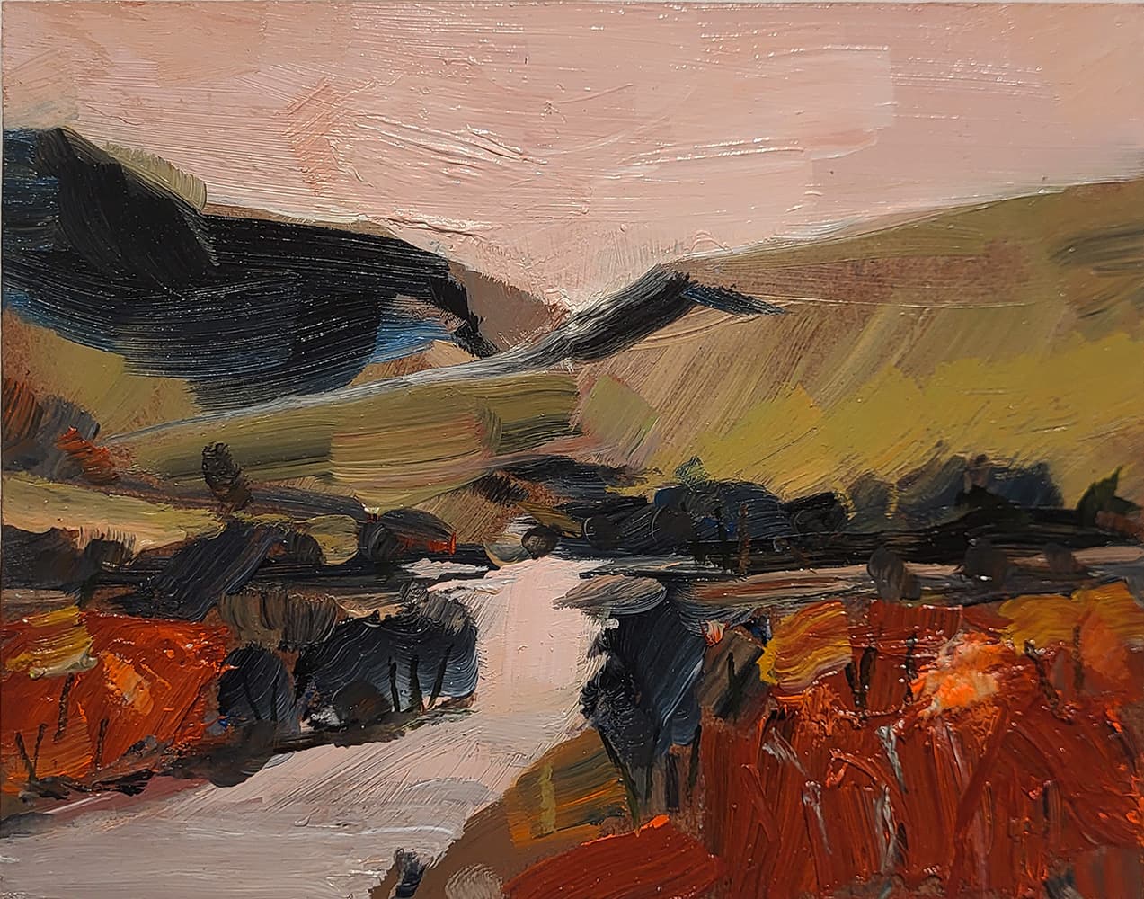 oil, landscape, stark, abstraction, Ontario, United Kingdom, bold, blue & purple skies, orange