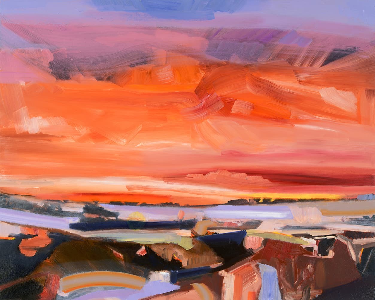 Landscape, abstracted, Ontario artist, electric red