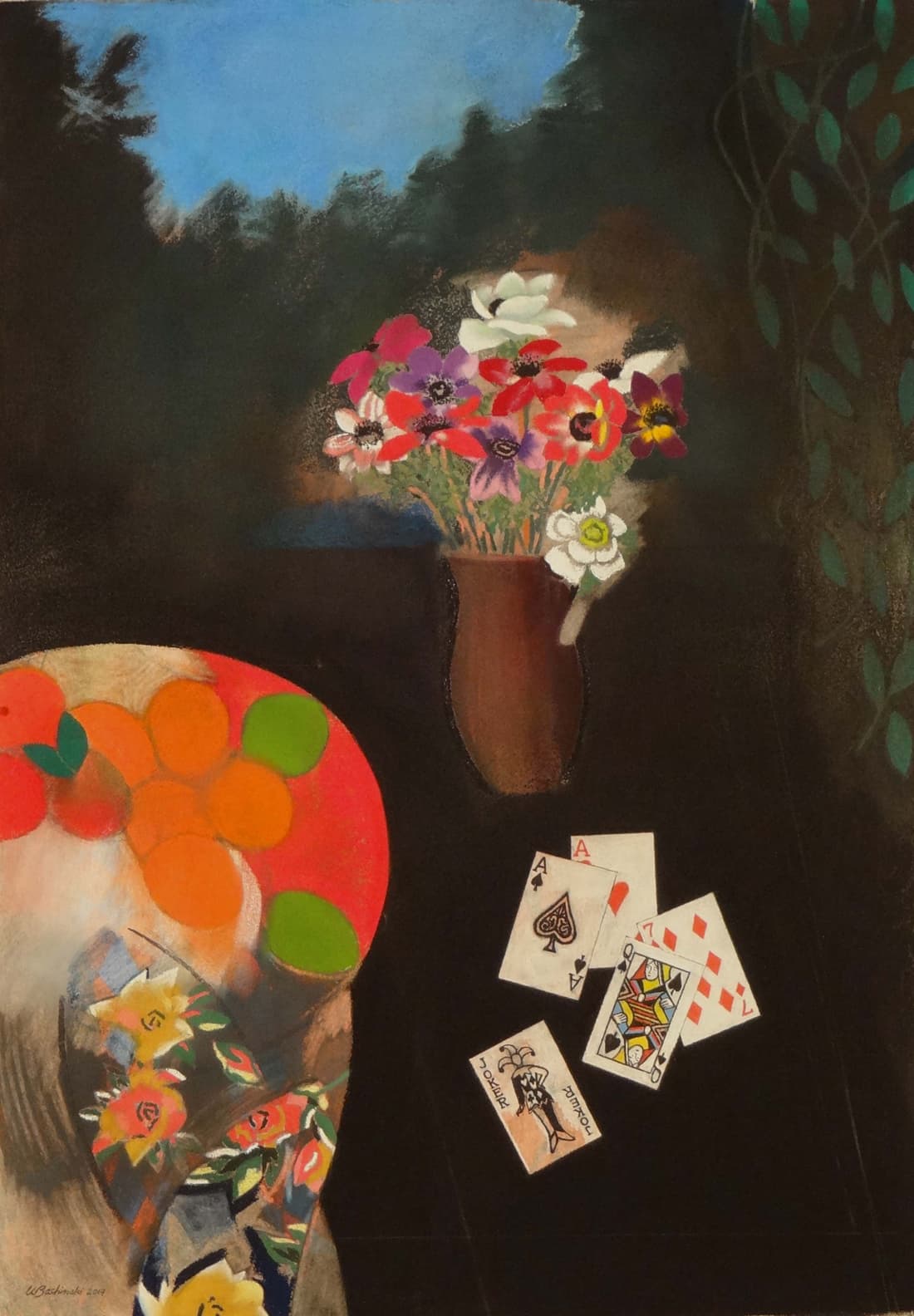 still life, anemones, cards, oranges, fruit, vase, Ontario artist, soft, black, table