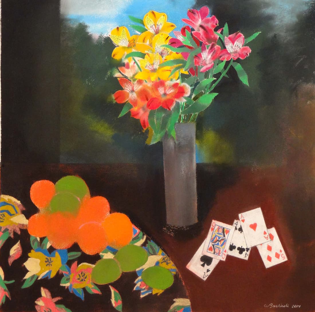 still life, anemones, cards, oranges, fruit, vase, Ontario artist