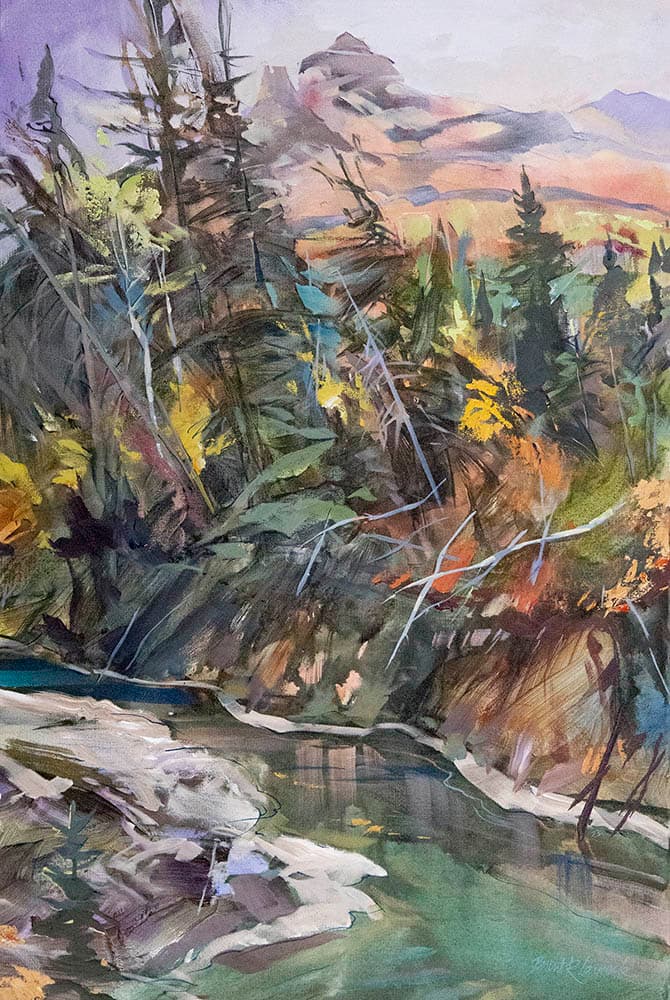 landscape, rocks, river, colourful, painterly, bright