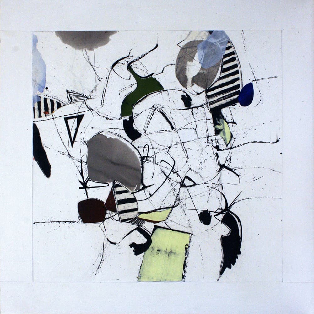 Abstraction, orange, blue, collage, tones, olive green, black, contour