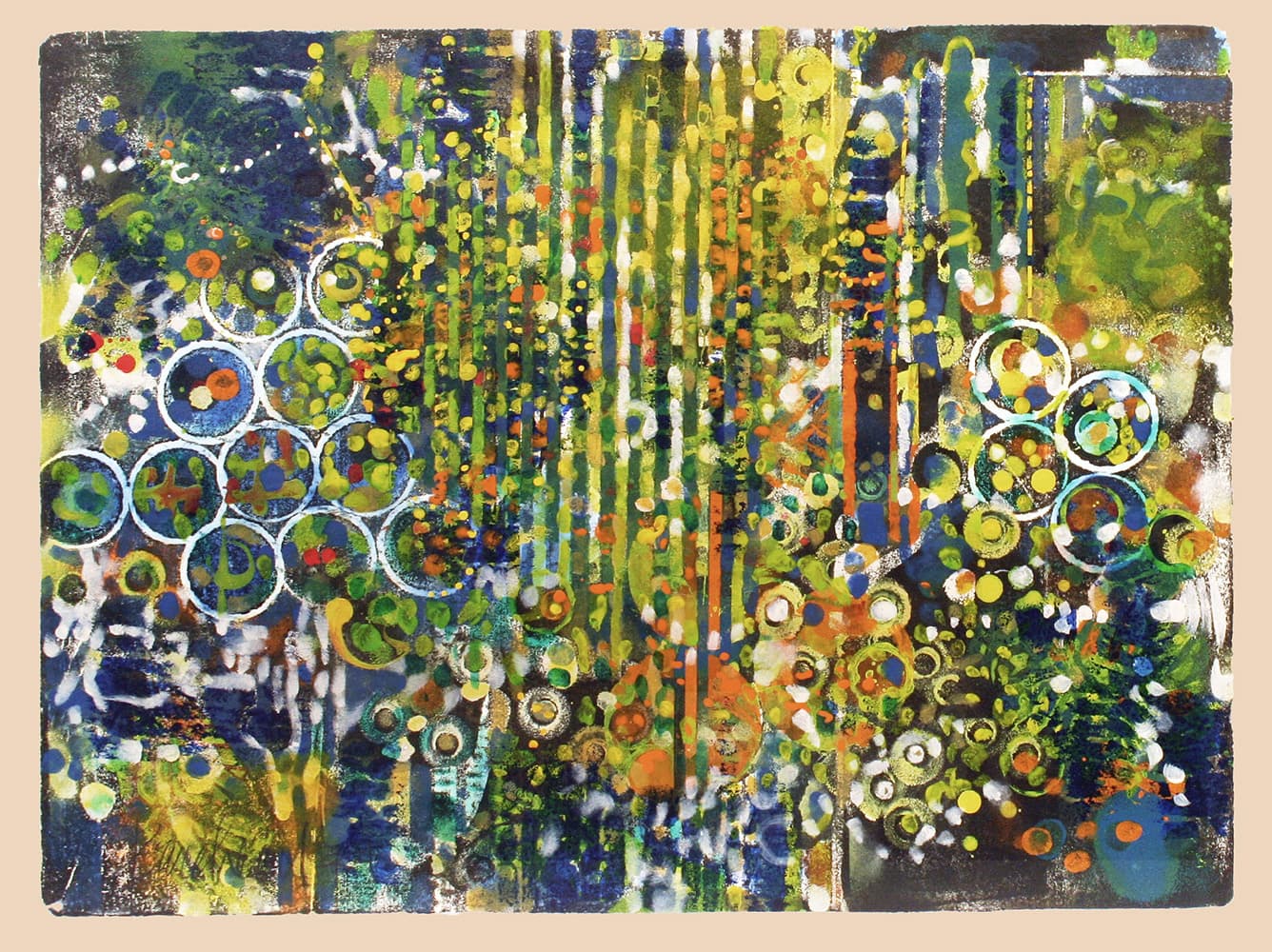 Abstraction, Canadian abstract painter, Rorschach, landscape, mixed media, work on paper, cyan, yellow, busy