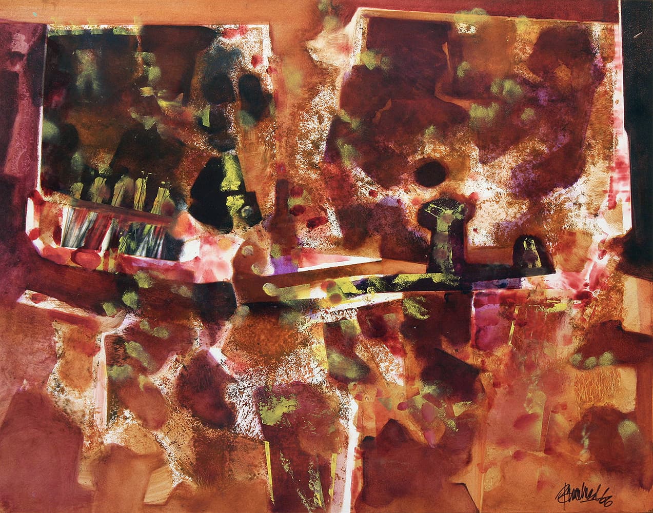 Abstraction, Canadian abstract painter, muted color, horizon, abstract landscape, metallic, staining, Rorschach, ink blot