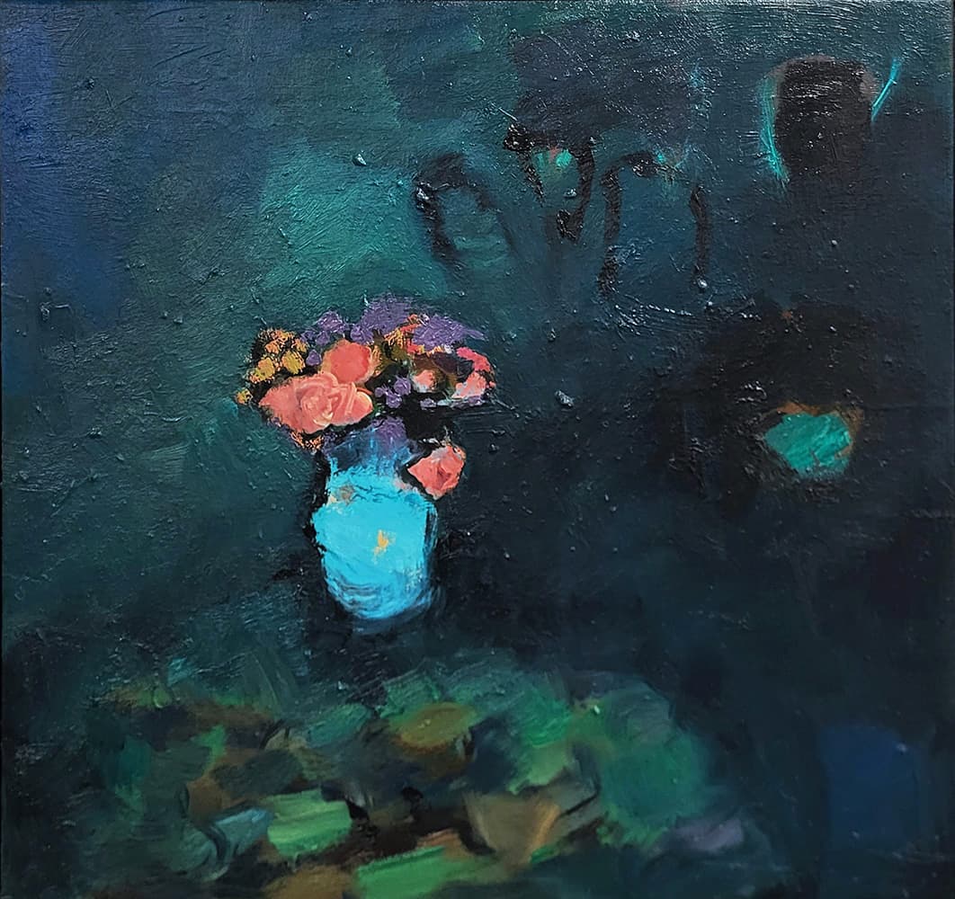 still life, impressionism, Canadian art, oil painting, floral, flowers, figure, figurative, tourqoise