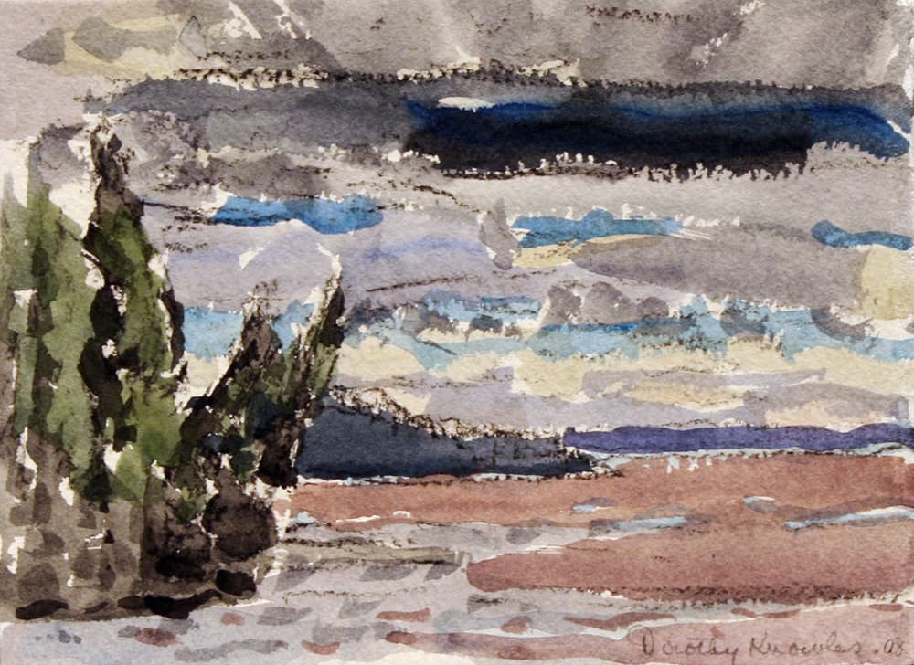 Emma Lake, Saskatoon, Saskatchewan, lake, clouds, sky, impressionism, trees, miniature, moody