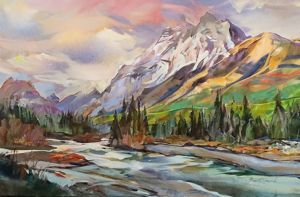 pastel colors, mountain, river, rocky mountains, landscape, moving