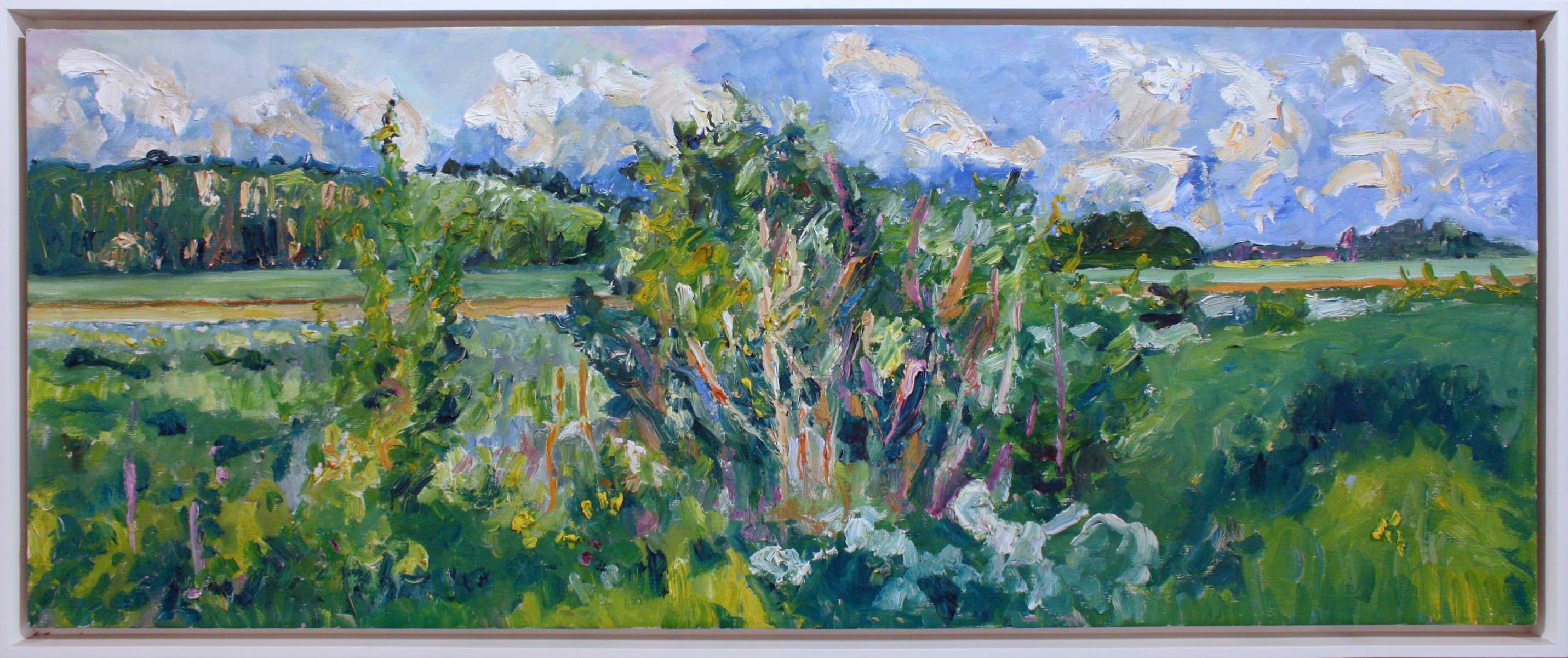 Emma Lake, Saskatoon, Saskatchewan, lush, bushes, clouds, sky, impressionism, treed land