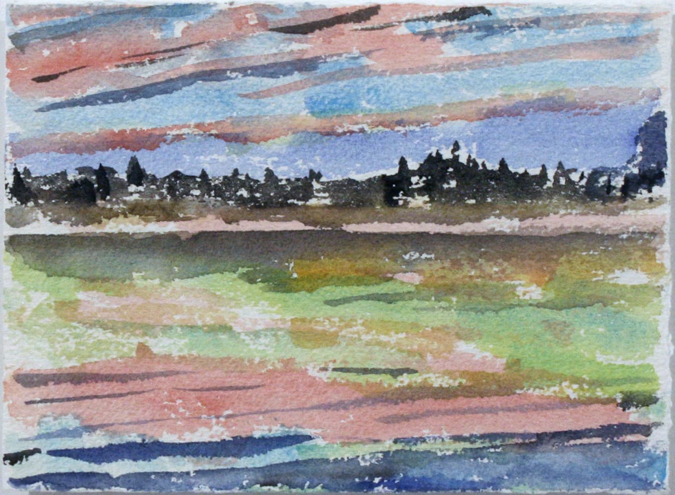 Emma Lake, Saskatoon, Saskatchewan, river, mountain, sky, impressionism,