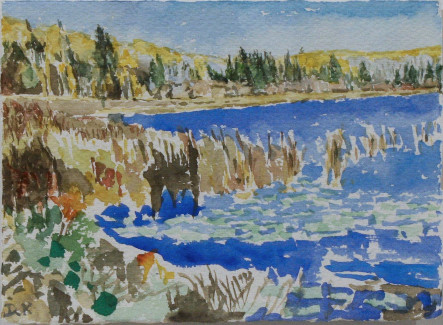 Emma Lake, Saskatoon, Saskatchewan, river, mountain, sky, impressionism,