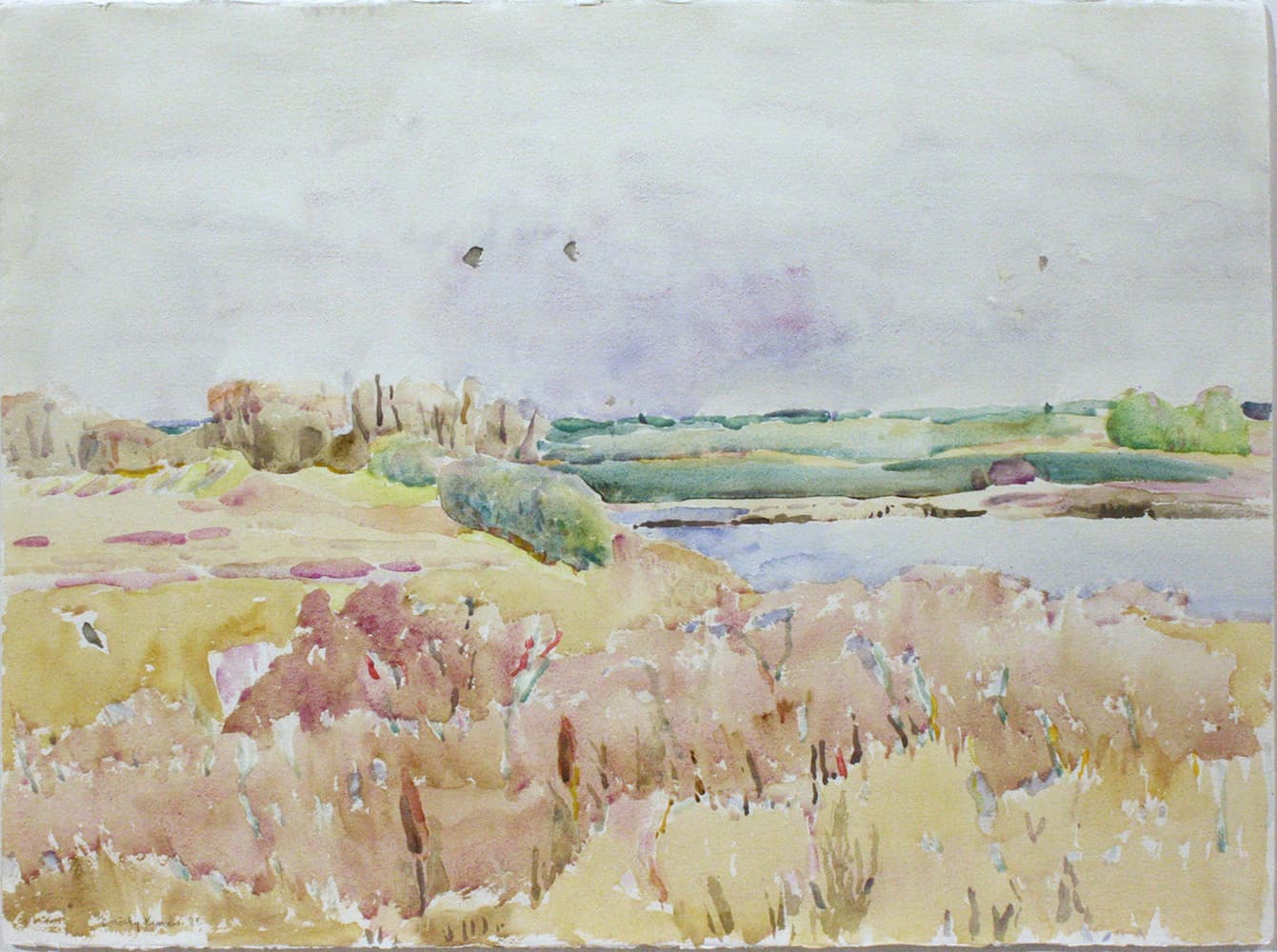 Emma Lake, Saskatoon, Saskatchewan, river, mountain, sky, impressionism, flock