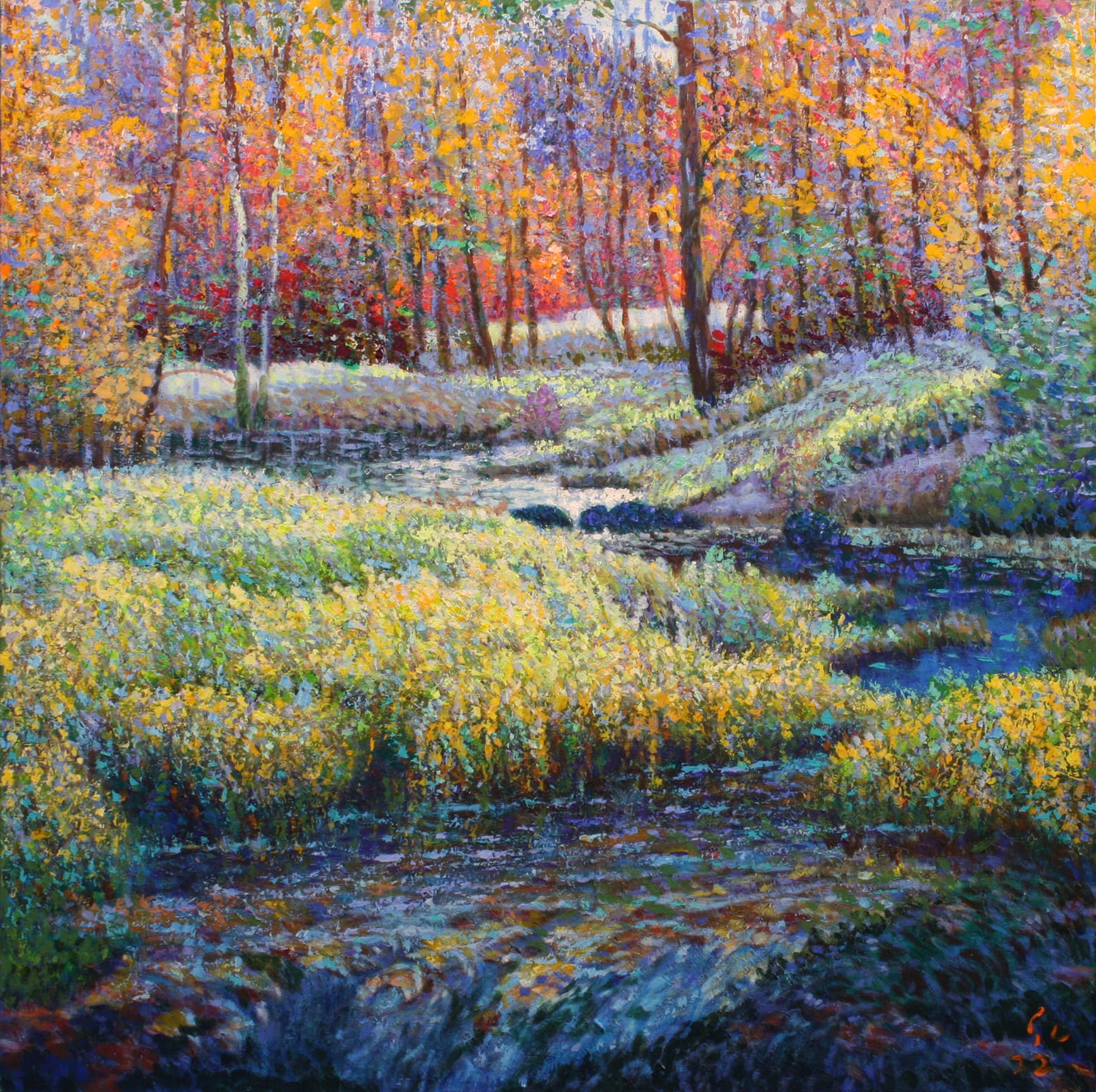 texture, impressionistic, landscape, Ontario, river, trees, fall, stream