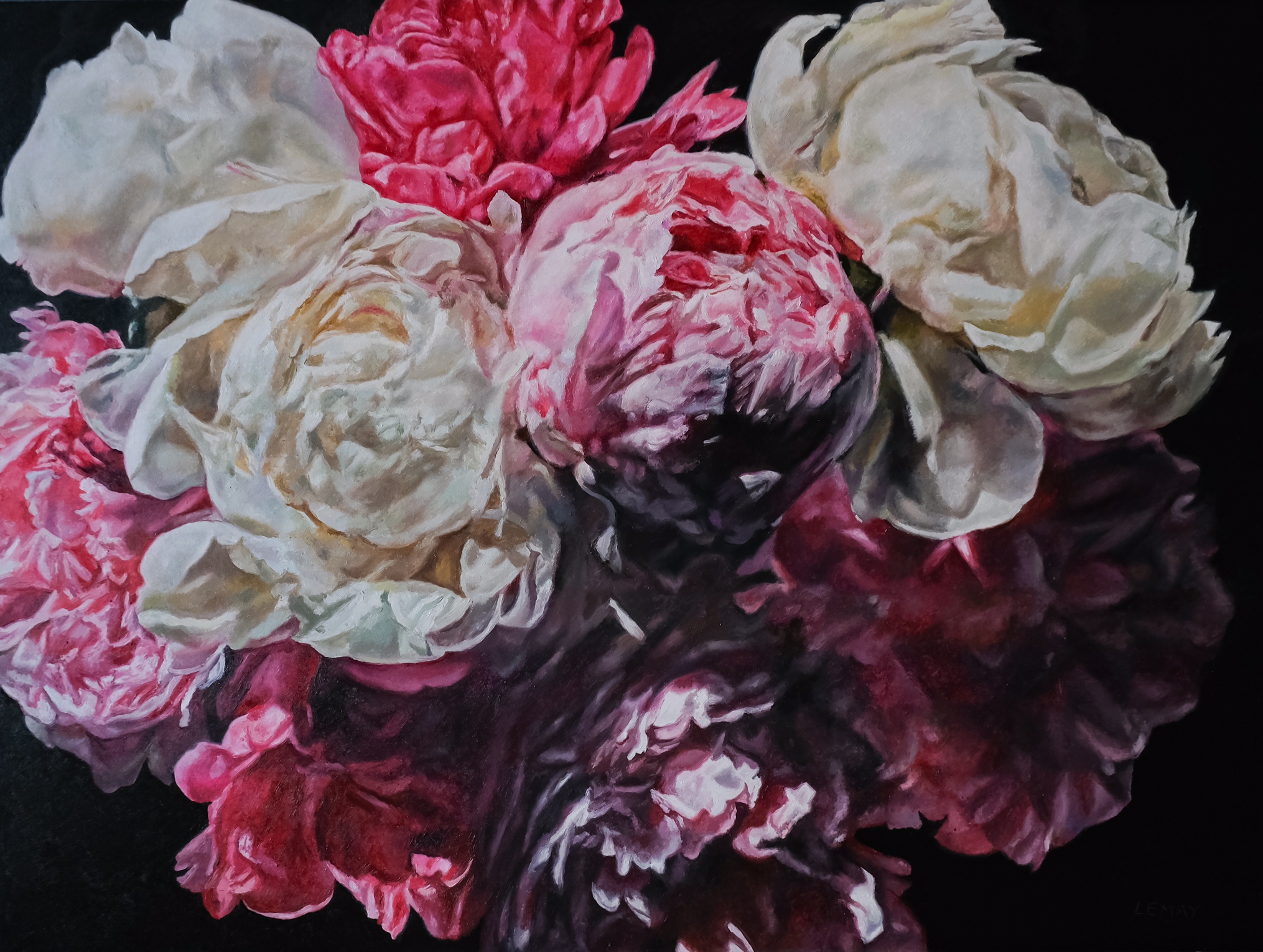 flowers, peonies, Rembrandt, oil paintings, Roses, realism, cluster