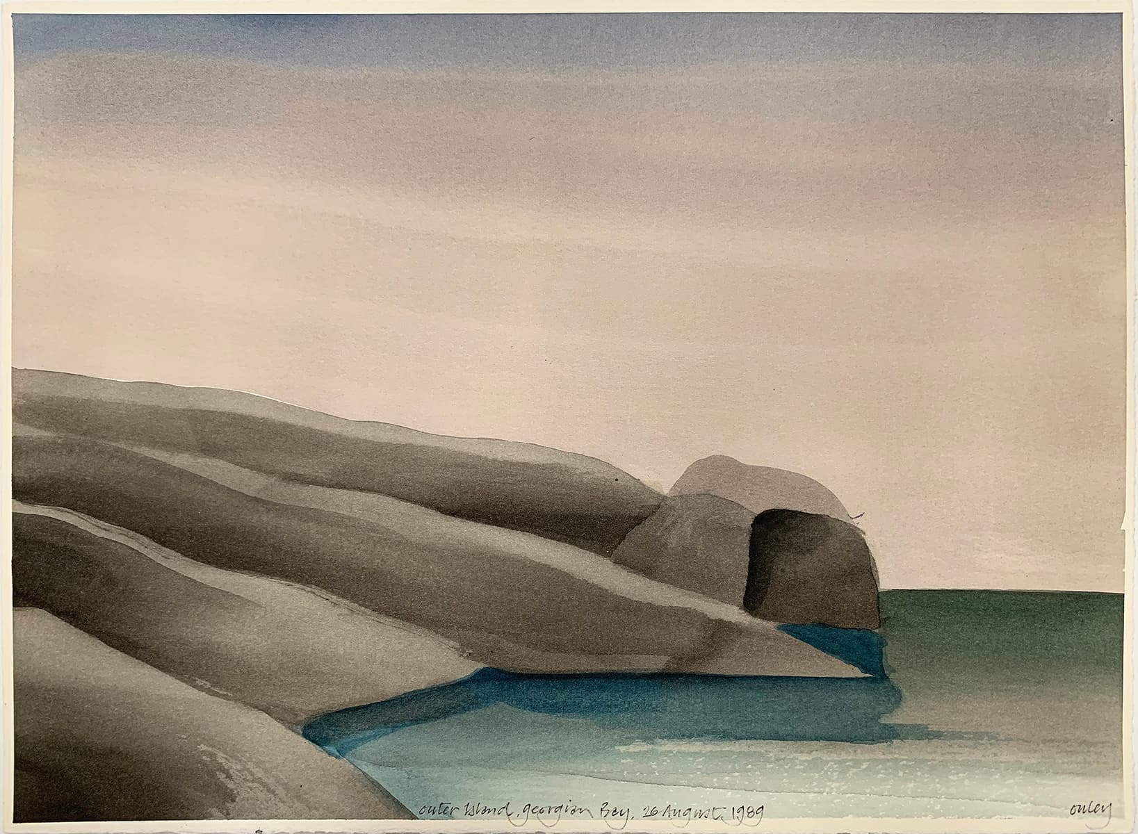 rocks, watercolour, British Columbia, Isle of Man, Canadian, islands, coastal, trees, inlet, water, shore, bare