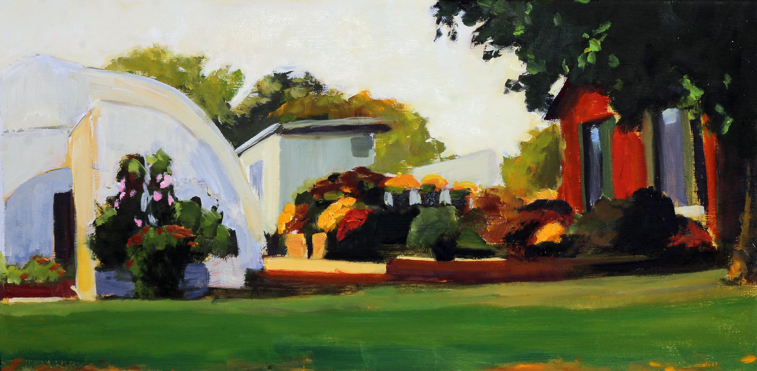 house, country setting, nostalgia, oil paint, hedge, rose, country living, impressionism, summer,farm