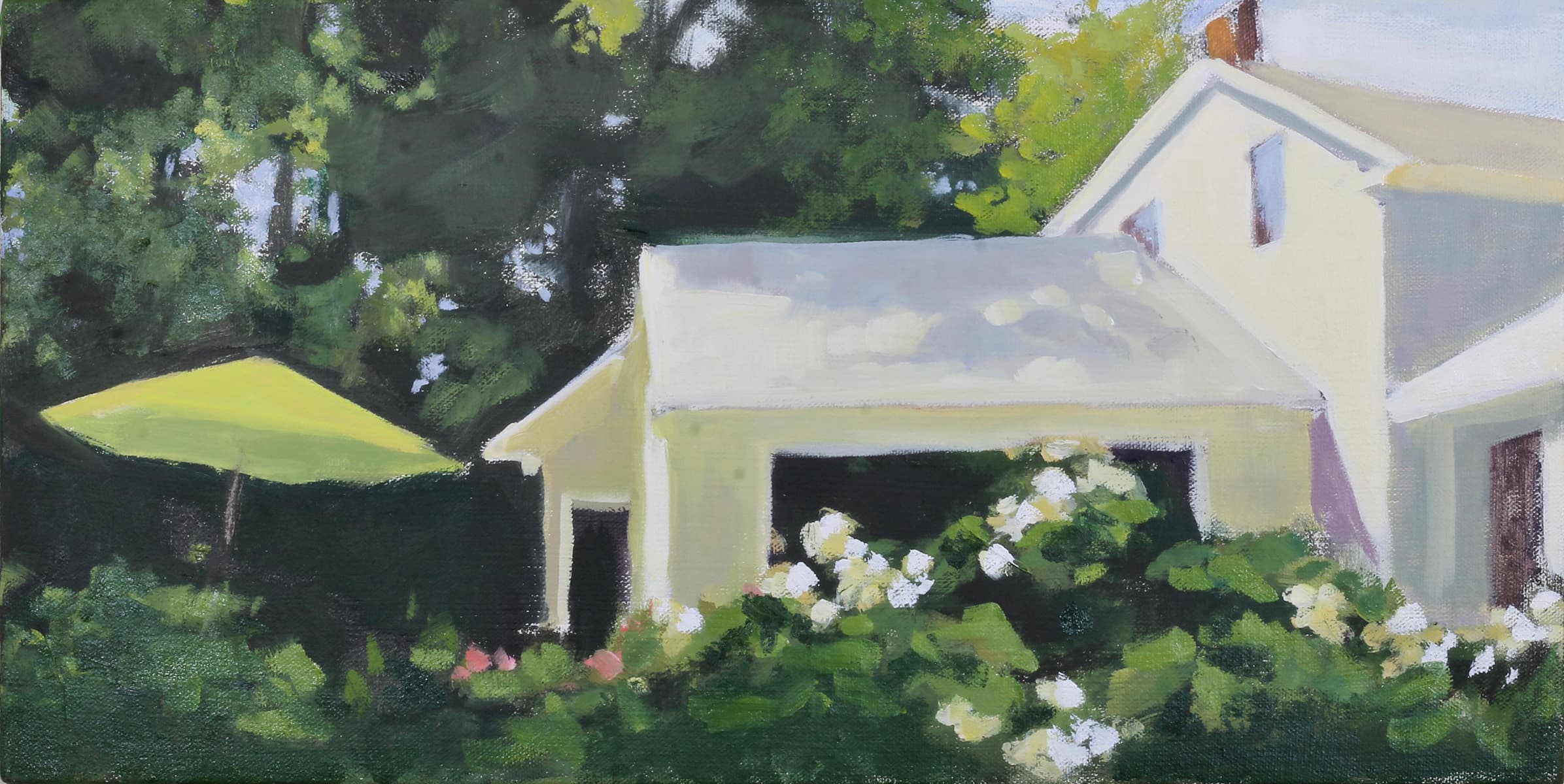 house, country setting, nostalgia, oil paint, hedge, rose, country living, impressionism, summer