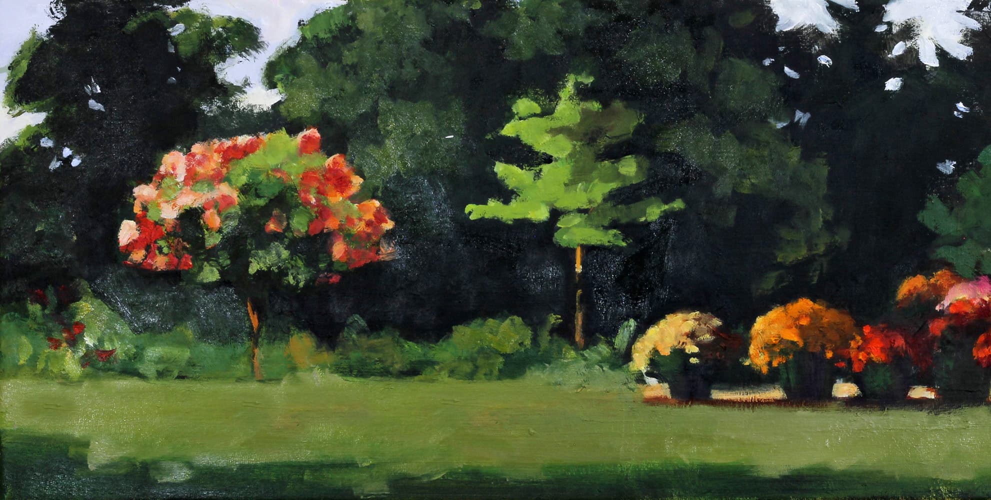 house, country setting, nostalgia, oil paint, hedge, rose, country living, impressionism, summer, flowers