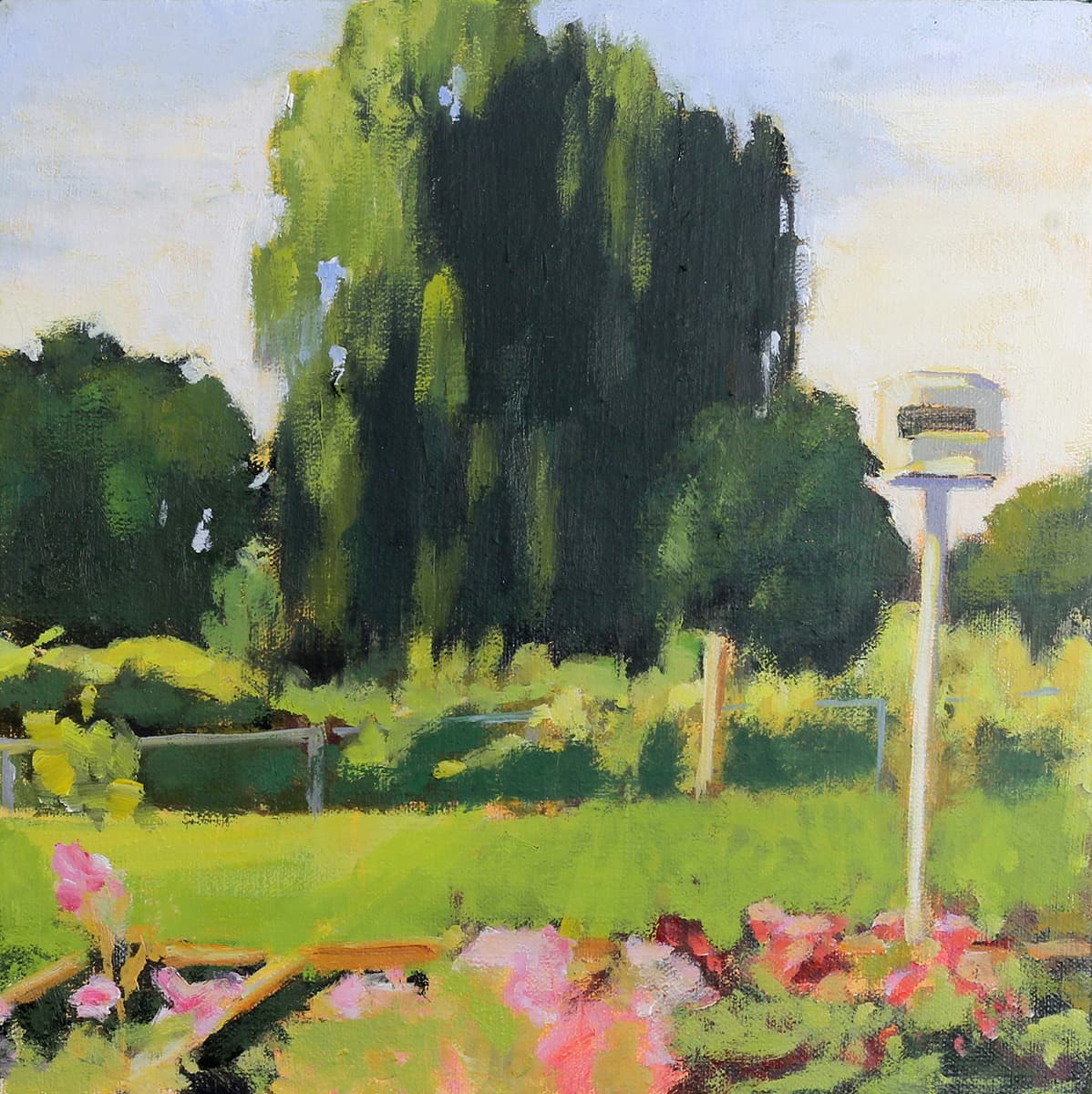 house, country setting, nostalgia, oil paint, hedge, rose, country living, impressionism, summer, trees