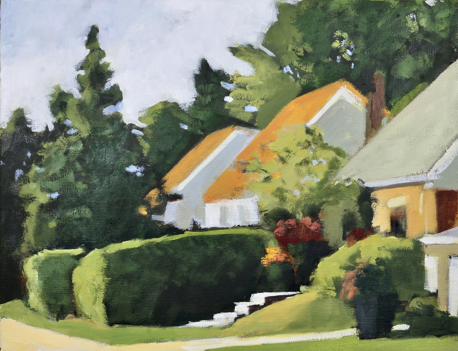 house, country setting, nostalgia, oil paint, hedge, rose, country living, impressionism, summer, trees