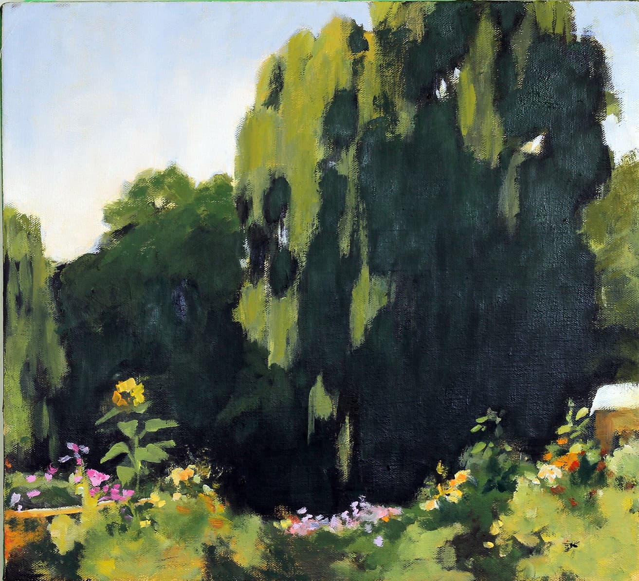 house, country setting, nostalgia, oil paint, hedge, rose, country living, impressionism, summer, trees