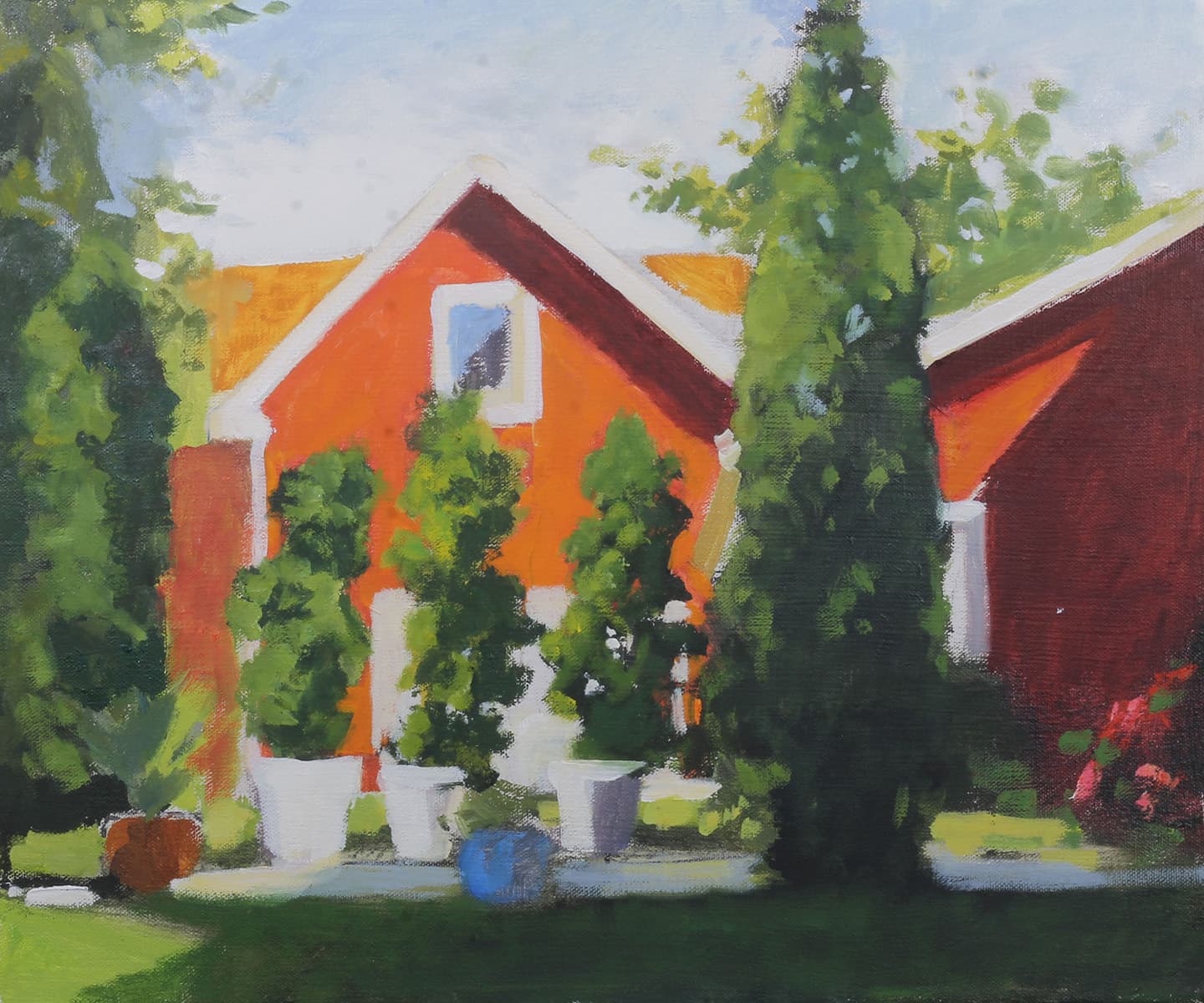 house, country setting, nostalgia, oil paint, hedge, rose, country living, impressionism, summer, trees