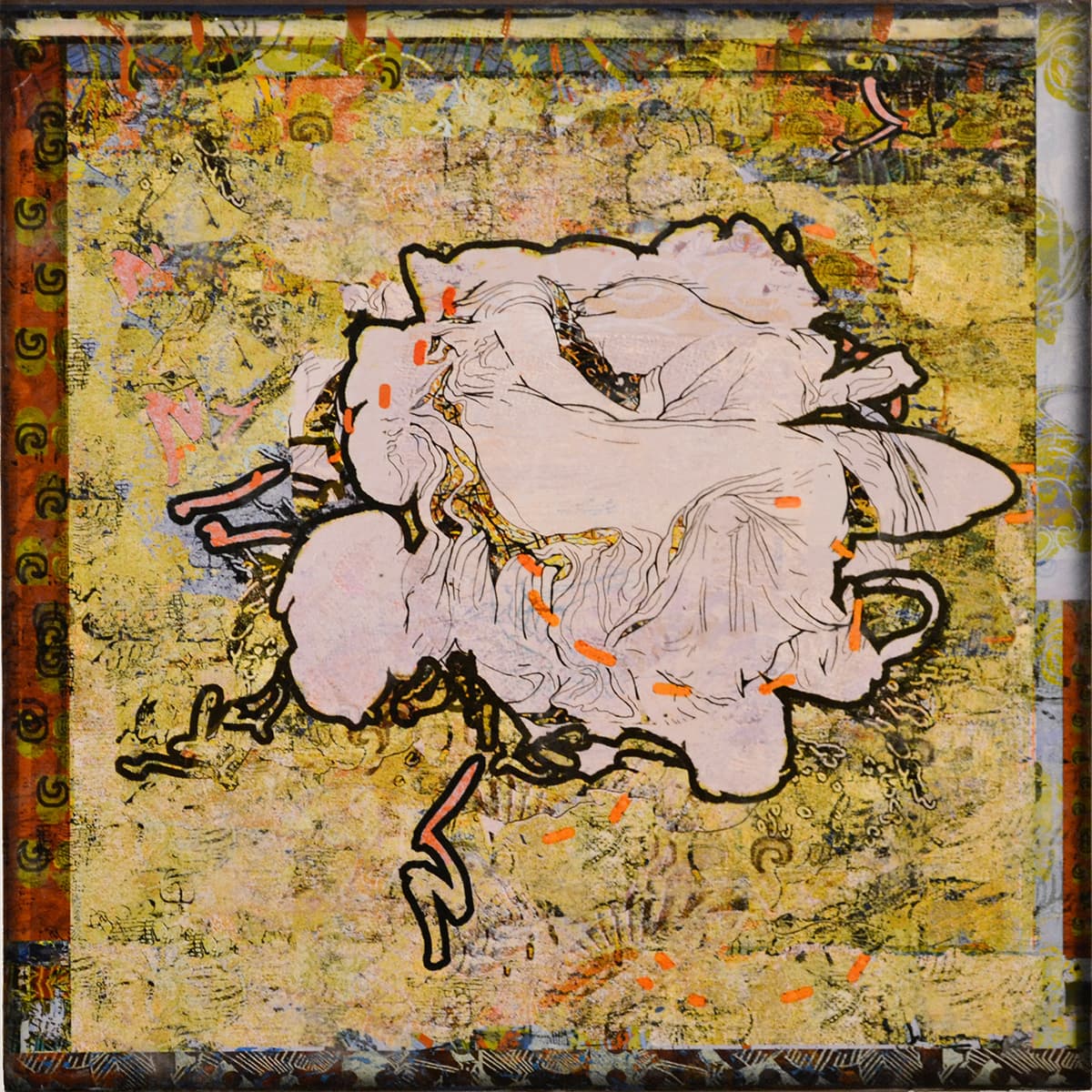 layers, folklore, mixed media, Edmonton, pastel, swirl, encaustic, flower, pink, cluster, fabric